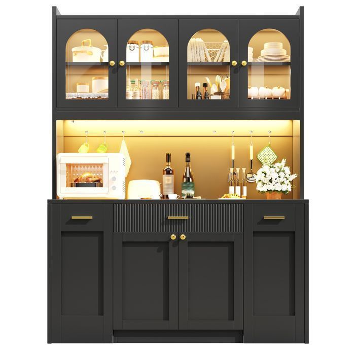 Buffet de Cuisine Haut avec Éclairage LED - Vaisselier 3 Vitrines Niche Micro-ondes et Étagères Coulissantes - Noir Buffet de Cuisine Haut avec Éclairage LED - Vaisselier 3 Vitrines Niche Micro-ondes et Étagères Coulissantes - Noir