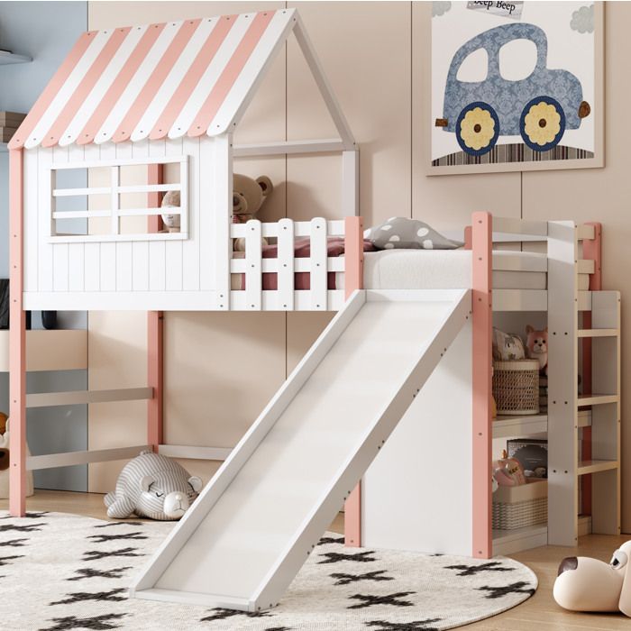 Lit mezzanine enfant 90×200 cm avec toboggan échelle et rangements - YEAVIO - sans matelas bois et MDF - rose