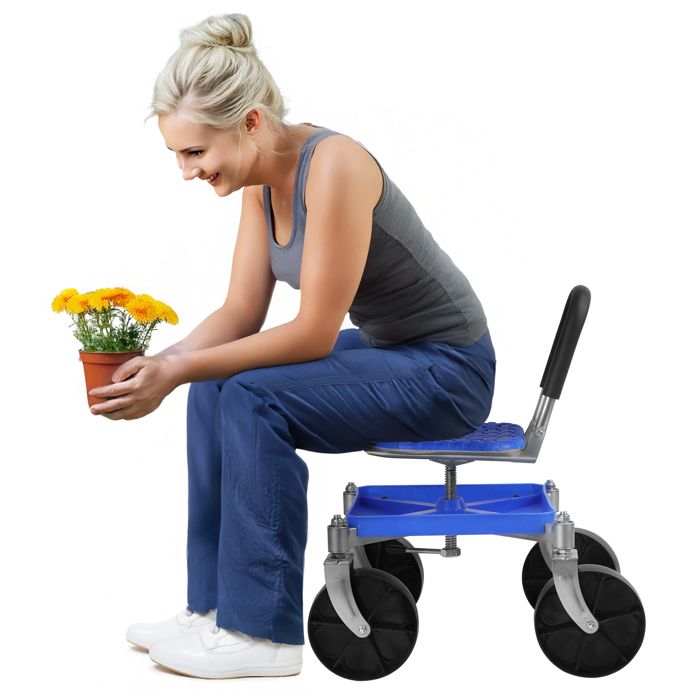 Tabouret de jardin mobile - WILITTO - Hauteur réglable - Rotation à 360° - max 150kg - multifonctionnel - Bleu