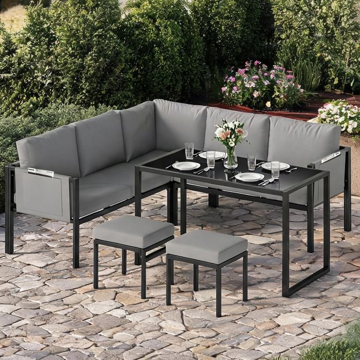 Salon de jardin 6 pièces textilène gris avec canapé dangle table et repose-pieds