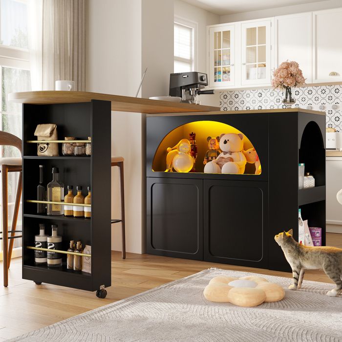 VUENOR table bar extensible 135-205 x 39 x 100 cm noir avec rangement LED integree et roulettes