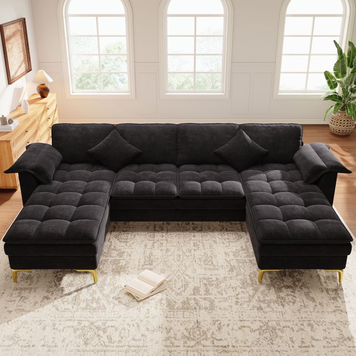 Canapé panoramique en U 4 places 262x134x86 cm2 méridiennesassise double couche2 coussinschenillepieds métal dorénoir