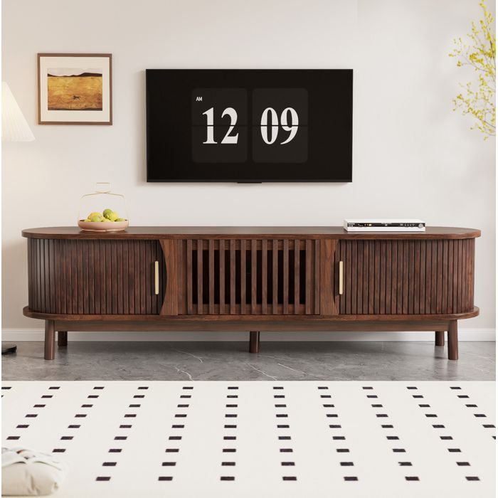 Meuble TV bas AESVAR 165 cm marron style vintage 2 portes coulissantes et porte abattante MDF