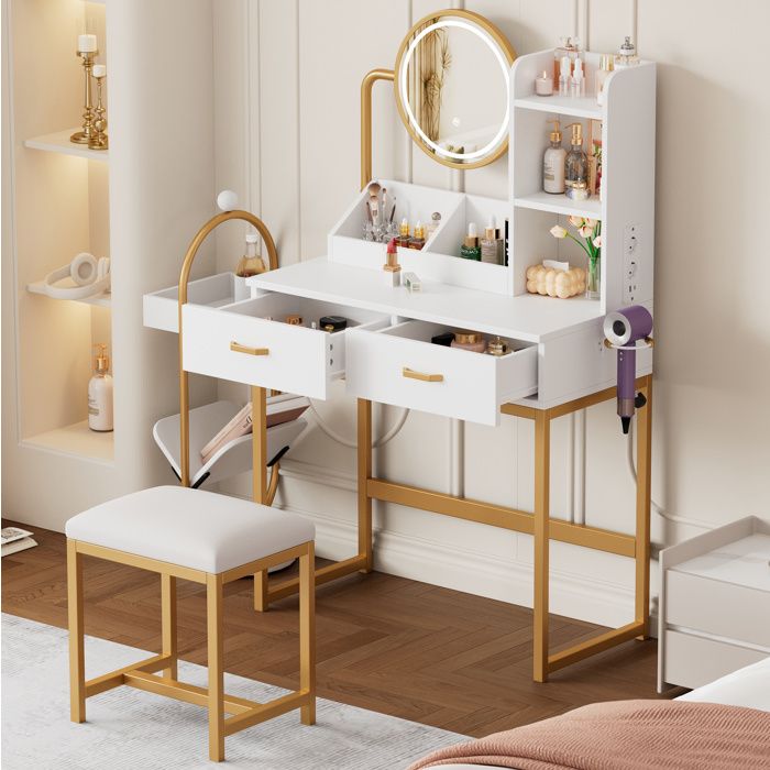 Coiffeuse miroir LED pivotant et prises intégrées - LPOSPI - 2 tiroirs tabouret panneaux de particules blanc et doré