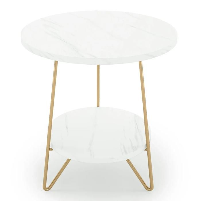 SENVIRO Table dappoint ronde double niveau 48 x 48 x 55 cm plateau aspect marbre blanc métal doré pour salon et chambre