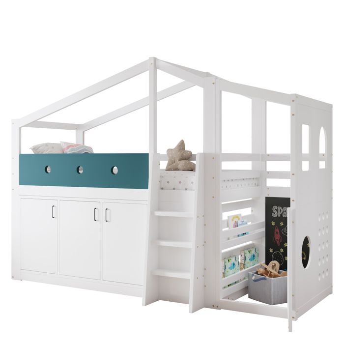 Lit mi-hauteur enfant 90x200 cm en forme de maison avec espace jeu armoire rangement et échelle lit fonctionnel gain de place Lit mi-hauteur enfant 90x200 cm en forme de maison avec espace jeu armoire rangement et échelle lit fonctionnel gain de place