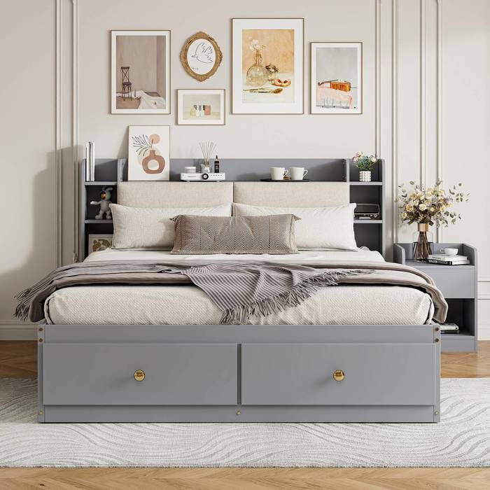 Lit combiné 140x200cm  en bois massif gris avec tiroirs armoire et table de chevet intégrée