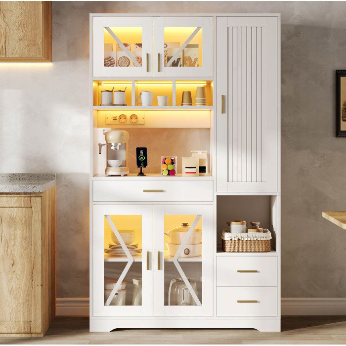 Buffet de cuisine armoire haute 105 x 40 x 185 cm LED avec prises intégrées portes vitrées blanc MDF VEVXYN