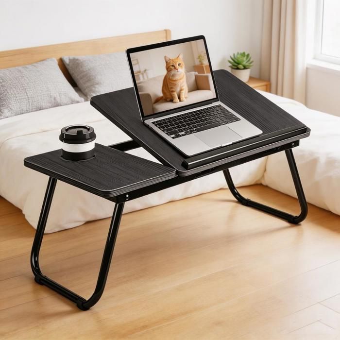 Rcynview Table de Lit Pliable Inclinable 56x33x25-41 Bureau réglable 5 niveaux Table dordinateur Portable avec porte-gobelet Noir