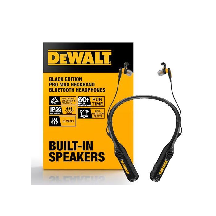 Casque tour de cou Bluetooth 2 en 1 DEWALT Jobsite Pro Max Haut parleurs intégrés IP56 Autonomie 60 h