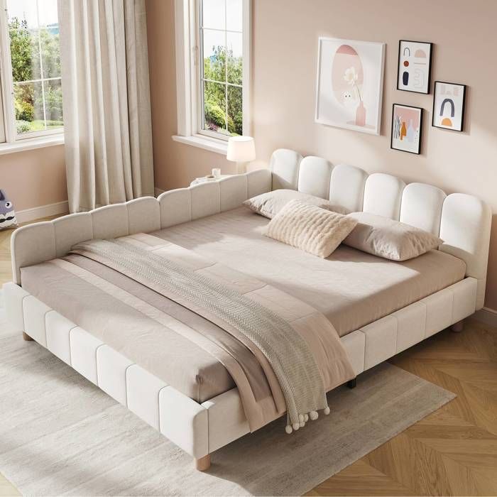 Lit enfant 140x190 cm capitonné tête de lit capitonnée + barrière de sécurité piètements bois massif velours beige