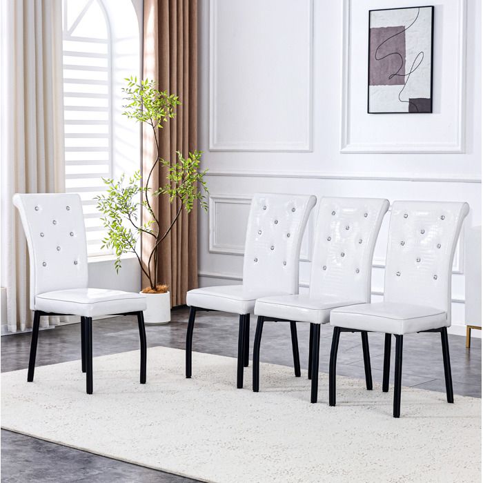 Lot de 4 Chaises de Salle à Manger à Dossier Haut - HAVRYA - Boutons en Cristal Pieds Métal Similicuir PVC Blanc et Noir