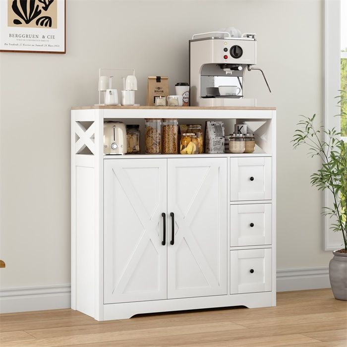 Buffet 100x40x105cm - Meuble de cuisine scandinave avec 2 portes 3 tiroirs et niche ouverte en MDF - Blanc Buffet 100x40x105cm - Meuble de cuisine scandinave avec 2 portes 3 tiroirs et niche ouverte en MDF - Blanc