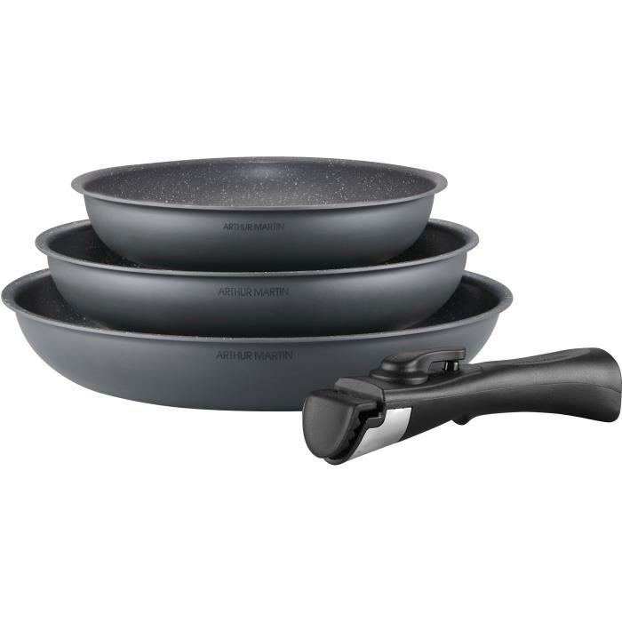 Batterie de cuisine ARTHUR MARTIN AM521GM Set de 3 poêles - Gris Mat 20-24-28 cm + 1 poignée amovibl