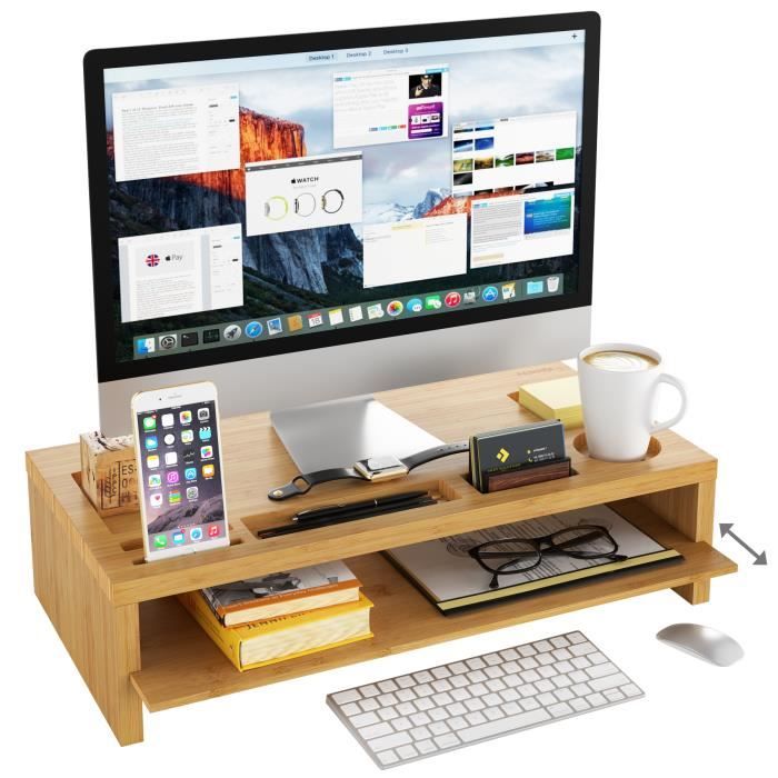 Support Moniteur En Bois Avec 3 Tiroirs Dont 1 Fermant à Clé - Rehausseur D'écran Rotatif 180° - Bureau Organisé Avec Trou Câble - 65.5x20x13.5cm