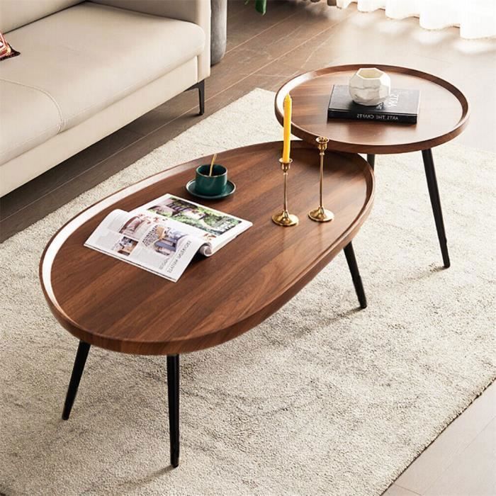 Lot de 2 Tables Basses Gigognes Rondes Style Industriel Plateau Aspect Bois 80x55x38cm - 40x40x47.5cm