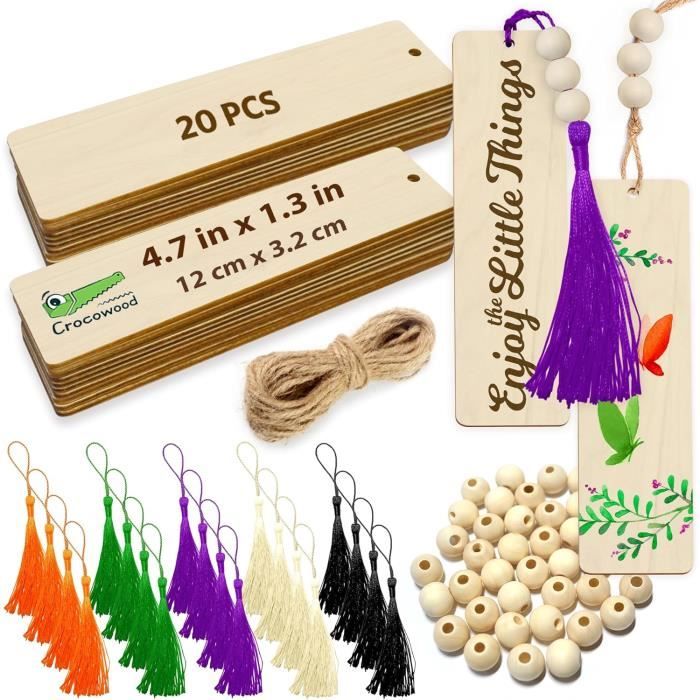 24 Marque-pages Bois Vierges + 24 Glands Colorés - Kit DIY Créatif - Pour Personnalisation Et Cadeaux