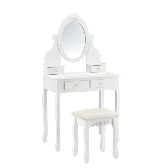 Coiffeuse table de maquillage miroir 4 tiroirs tabouret MDF et bois 141 cm blanc 03_0001499 Coiffeuse table de maquillage miroir 4 tiroirs tabouret MDF et bois 141 cm blanc 03_0001499
