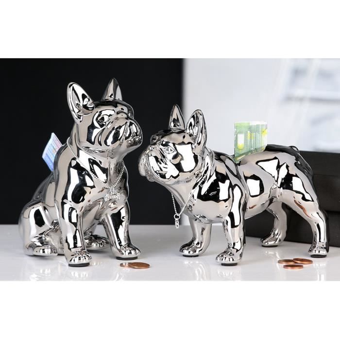 Tirelire en céramique argentée Bouledogue Français DEBOUT Longueur 19 cm
