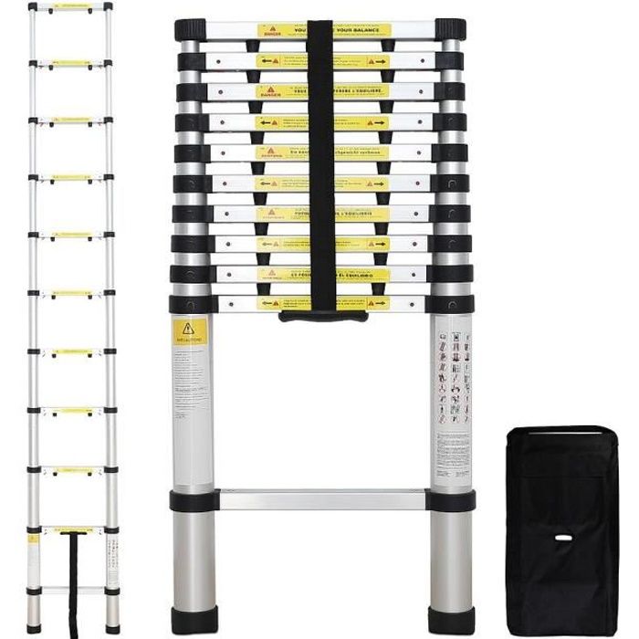 Échelle télescopique pliable en aluminium - Charge maximale 150 kg - 11 marches - Sac de transport offert