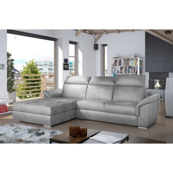 - Canapé dangle convertible en tissu velours Prestige gris 5 places angle gauche (vu de face) - TRESOR - Canapé dangle convertible en tissu velours Prestige gris 5 places angle gauche (vu de face) - TRESOR