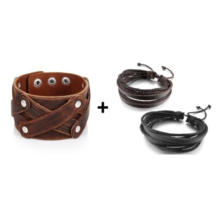 lot de 3 BRACELETS CUIR HOMME = 1 MANCHETTE FORCE BRUN MARRON CROISE ANTIQUE USED ROCK + 2 bracelets cuir multi-brins noir marron