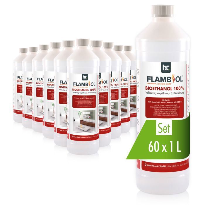 Höfer Chemie FLAMBIOL Pétrole Purifié 60x1L – Désaromatisé, Faible Soufre – Pour Chauffage, Lanterne, Allume-Grill – Combustion Propre