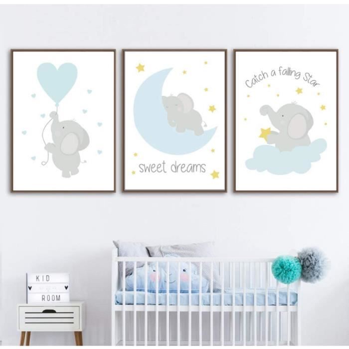 Lot De 3 Tableaux Decoratifs Pour Chambre De Bebe Ou D Enfant Posters Elephant Impression Sur Toile Affiches Bleu 30 40cm Cdiscount Maison