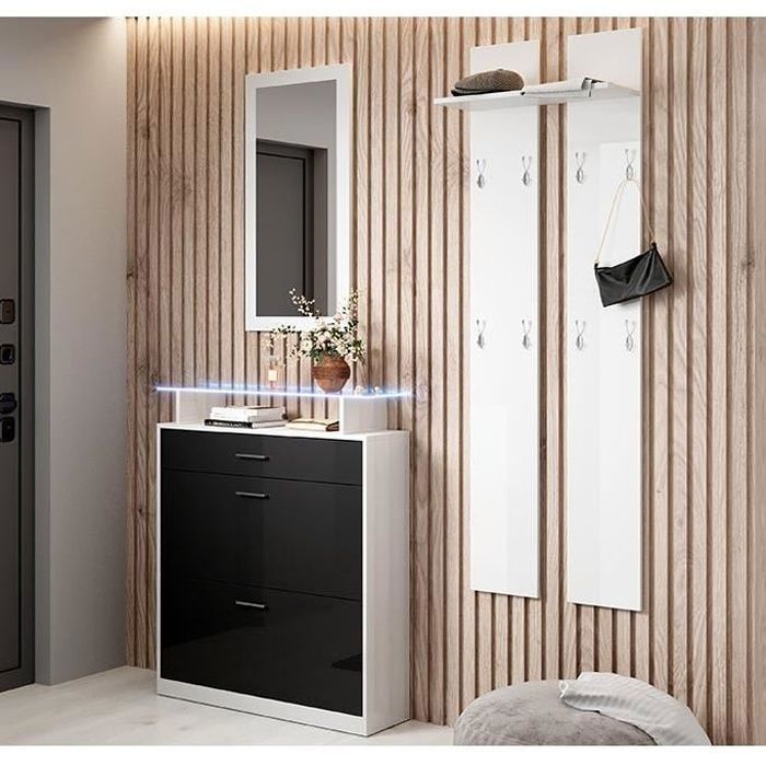 Design Ameublement - Ensemble dEntrée PAOLA - Miroir Porte-manteau Meuble à Chaussures - Blanc et Noir Brillant Design Ameublement - Ensemble dEntrée PAOLA - Miroir Porte-manteau Meuble à Chaussures - Blanc et Noir Brillant