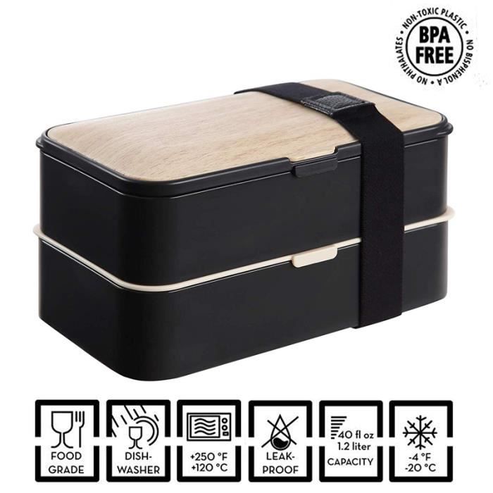 Noir Navaris Bo/îte Bento Japonaise Lunch Box Deux Compartiments Bo/îte /à D/éjeuner /Él/égante avec Couvercle en Bois Couverts et /Élastique