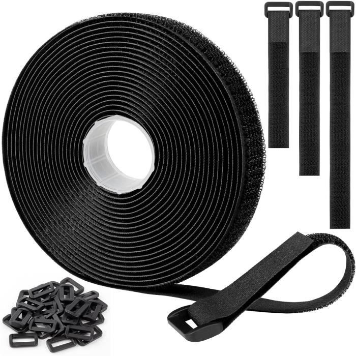 Sangles Velcro Réutilisables 5cm X 6m | Lot Avec 30 Boucles | Nylon Noir | Pour Câbles, Tuyaux, Rangement