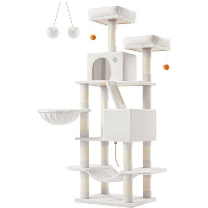 Comparer les prix de Arbre à Chat - FEANDREA - Hauteur 168 cm - 13 Griffoirs - 2 Plate-forme - 2 Niches - Tissu Peluche - Blanc Crème