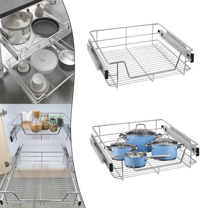 Housolution Lot de 2 Tiroir Coulissant Cuisine, Extensible Tiroir Telescopique, Largeur Réglable de 30 cm à 50 cm, Profondeur de 40 cm à 55 cm, Rangement Etagere Coulissante pour Placard