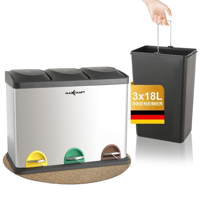 Poubelle 60L MAXCRAFT Acier Avec Fermeture Douce - 2 Compartiments - Neuf