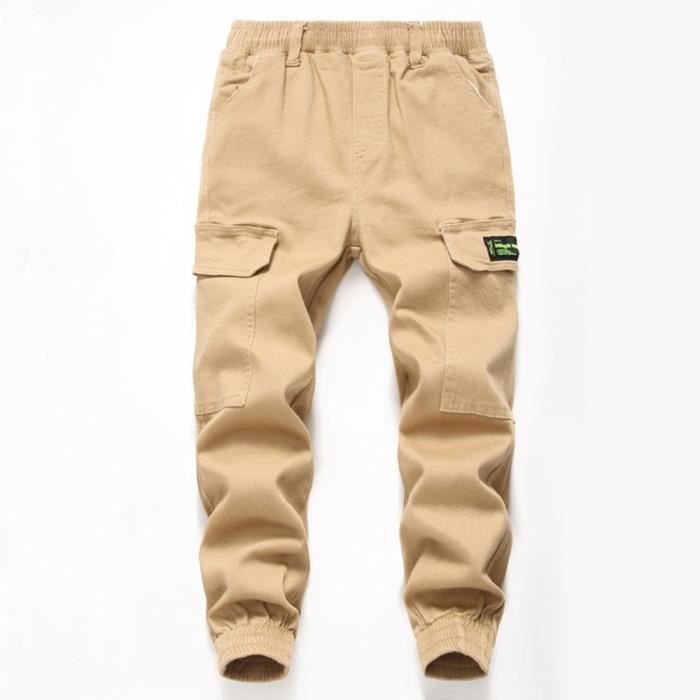 Pantalon de Travail Enfant Jogging Garçon Taille Élastique Réglable Casual Cargo - Kaki