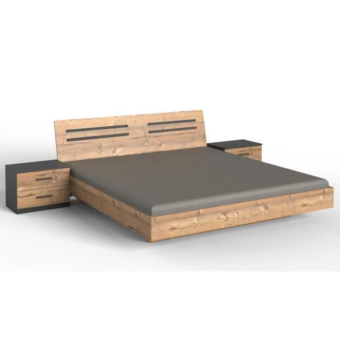 Lit adulte double 160 x 200 + 2 chevets coloris effet bois - Longueur 169 x Profondeur 210 x Hauteur 81 cm Lit adulte double 160 x 200 + 2 chevets coloris effet bois - Longueur 169 x Profondeur 210 x Hauteur 81 cm