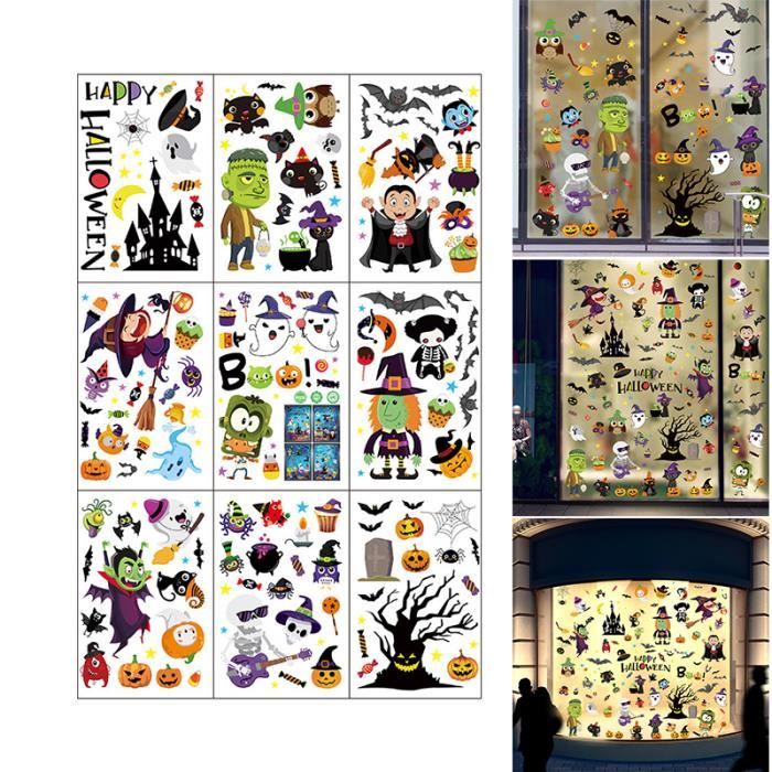 Lot De 82 Autocollants Halloween PVC - 10 Feuilles 20x30 Cm - Sorcière, Fantôme, Zombie Pour Fenêtres Et Miroirs
