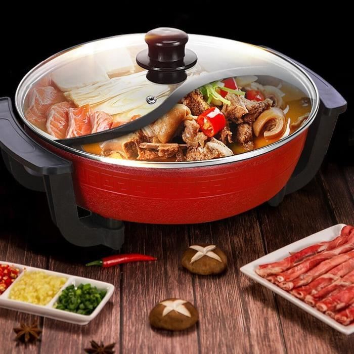 Casserole à Fondue Électrique LOIRIIC Home 6L 1300W - Appareil à Fondue Chinoise Avec Couvercle En Verre, Design Yin Yang Rouge