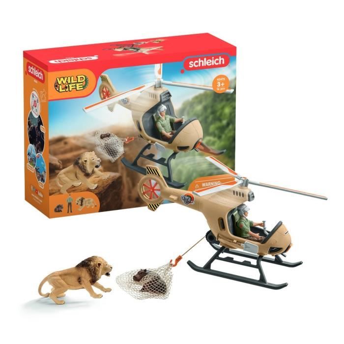 Hélicoptère pour sauvetage d’animaux, Coffret 8 Pièces avec Figurines Lion et Hippopotame - Jouet Du