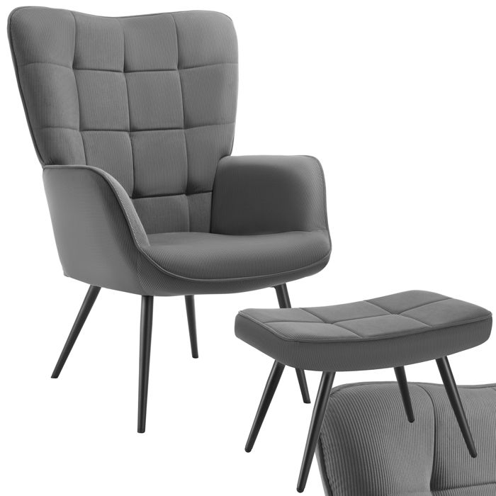 Chaise - TECTAKE - Fauteuil HYGGE en acier et polyester aspect velours côtelé avec tabouret 72 x 76 x 1005 cm - Anthracite/Noir