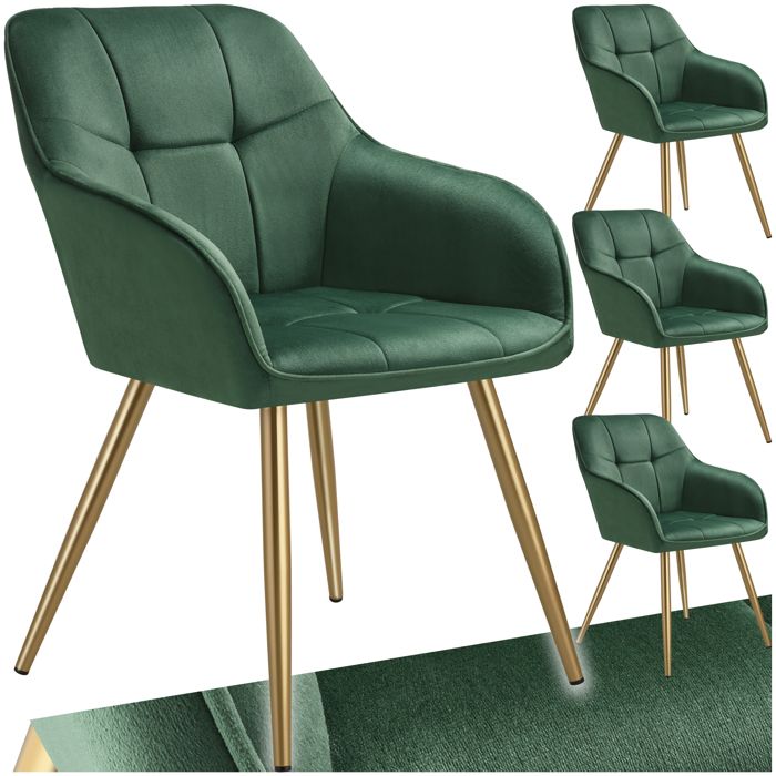 Chaise - TECTAKE - Lot de 4 chaises MARYLIN effet velours capitonné rembourrée et pieds acier doré 58 x 62 x 82 cm - Vert/Or