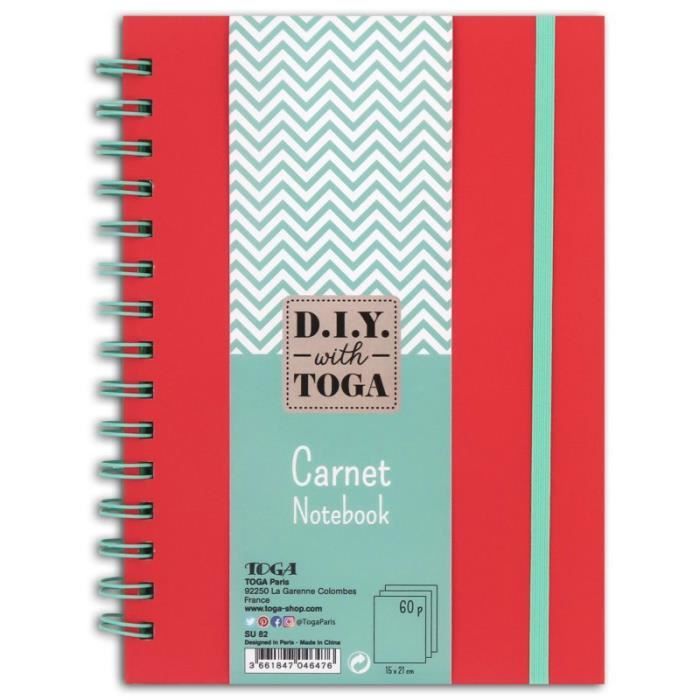Carnet à spirales bicolore 15x21 cm 'Toga - DIY' Menthe/Corail 60 Pages