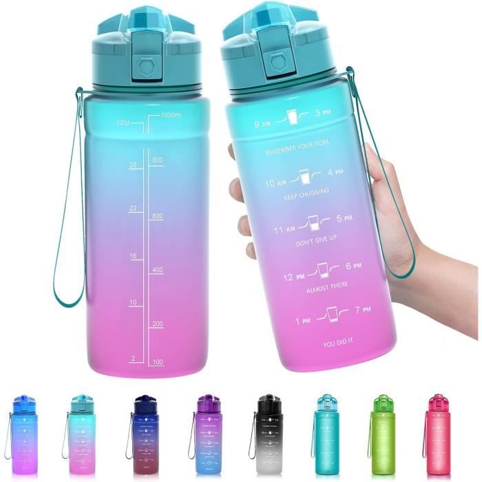 Gourde Sport 1 Litre Sans BPA - Plastique Réutilisable, Design Dégradé - Pour Vélo, Bureau, Voyage, école - Léger Et étanche