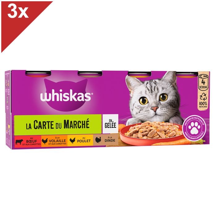 Comparer les prix de Pâtée pour chat WHISKAS - 12 boîtes en gelée - 4 variétés - 4x390g