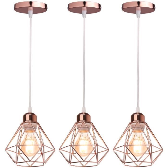 UNI 3PCS Lustre Suspension E27 16CM Cage Diamant en Métal Doré Rose Plafonnier Luminaire pour Couloir Escalier Chambre