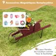 COSTWAY Brouette Décorative en Bois pour Plantes - Accessoires Magnétiques, Longues Poignées - Jardinière de Jardin à Roues - Rouge-1