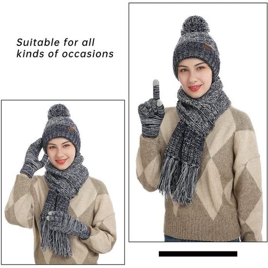 Ensemble Bonnet, écharpe, Gants D'hiver Pour Femme, Bonnet Doublé En Polaire Avec Double Pompon, Gants Pour écran Tactile, écharpe Tricotée Pour Temps Froid, Noir, Taille Unique