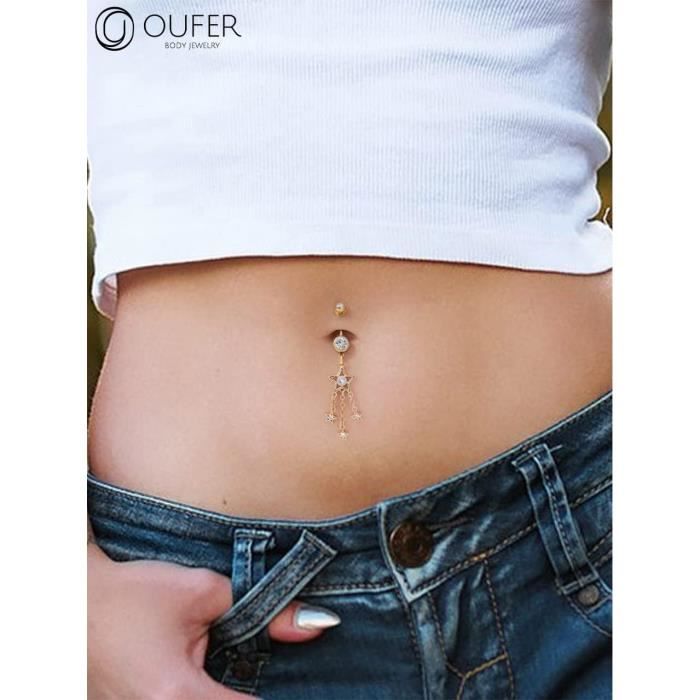 Piercing Nombril Femme Acier Chirurgical - Bague Longue Avec Zircone Blanc - Modèle Unique Or Rose