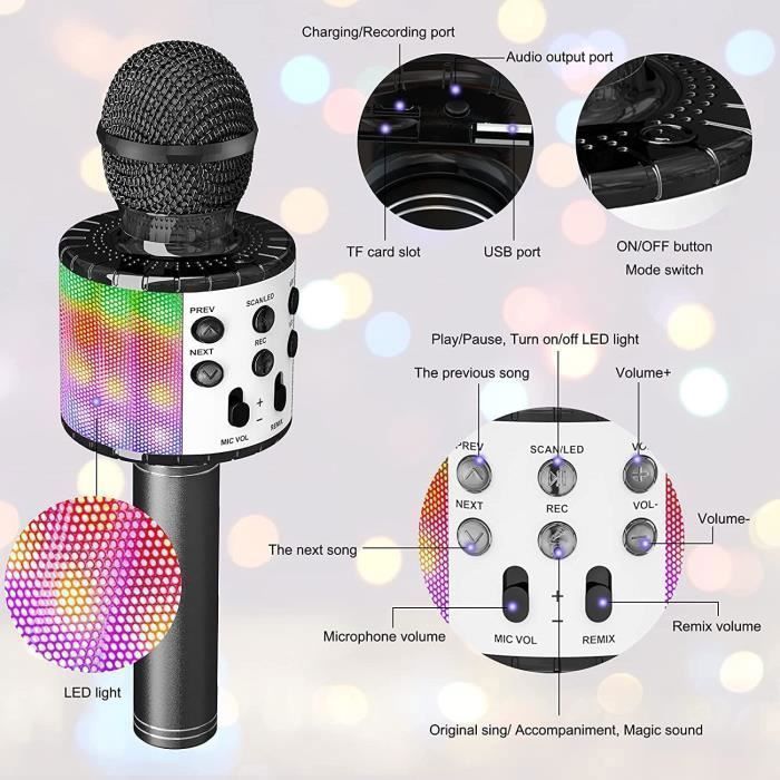 Micros sans Fil Karaoké, Microphone Karaoke Bluetooth avec Lumière Scène, Portable Haut-Parleur pour Enfants/Adultes Fête Chanter Disco KTV Clubs Noël Anniversaire Soiree Idée Cadeau Fille Garcon