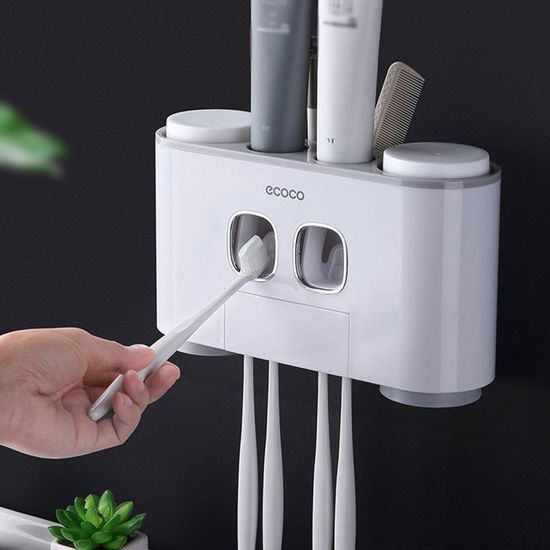 Support Mural Brosse à Dents Avec Distributeur De Dentifrice - 5 Emplacements Et 4 Tasses Magnétiques - Gris